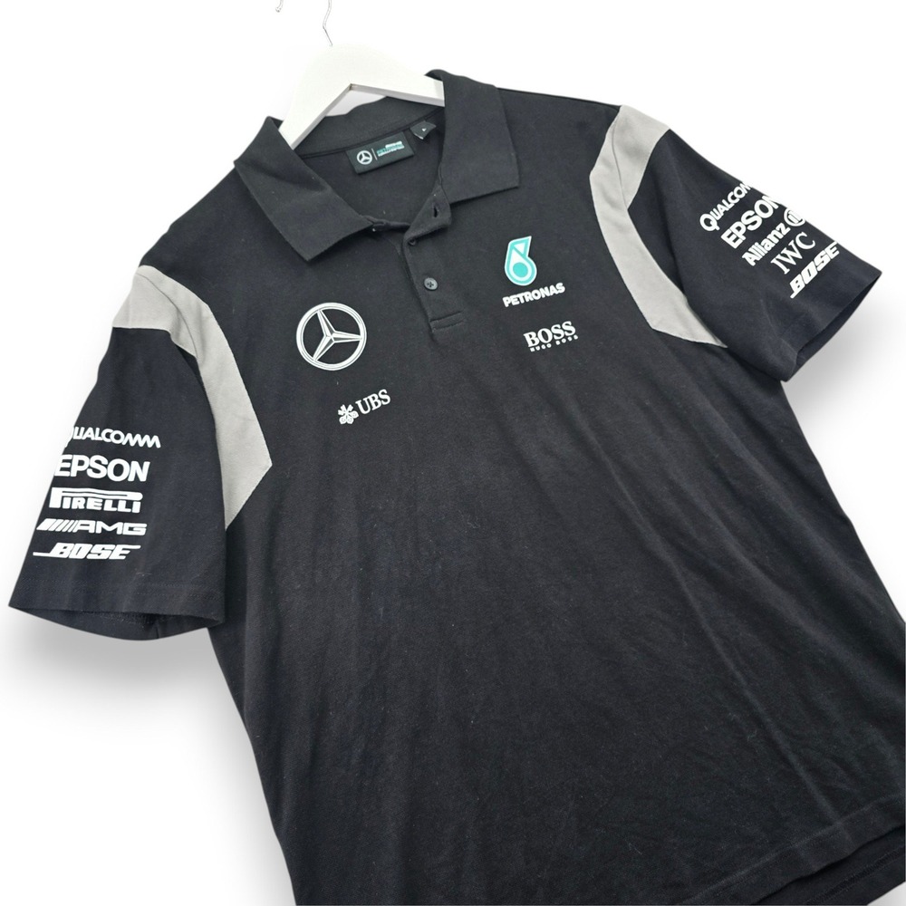 Mercedes AMG Petronas F1 Team Polo Shirt Mens Large Black Logo Racing Hugo Boss